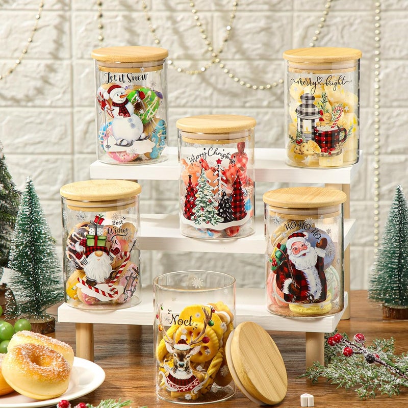 Shellwei 6 Pcs Watercolor Christmas Glass Storage Jar with Airtight Bamboo Lid Santa Claus Canister Sets Christmas Snowman Elk Clear Cookie Candy Storage 19oz for Kitchen Containers Countertop Decor - Image 2